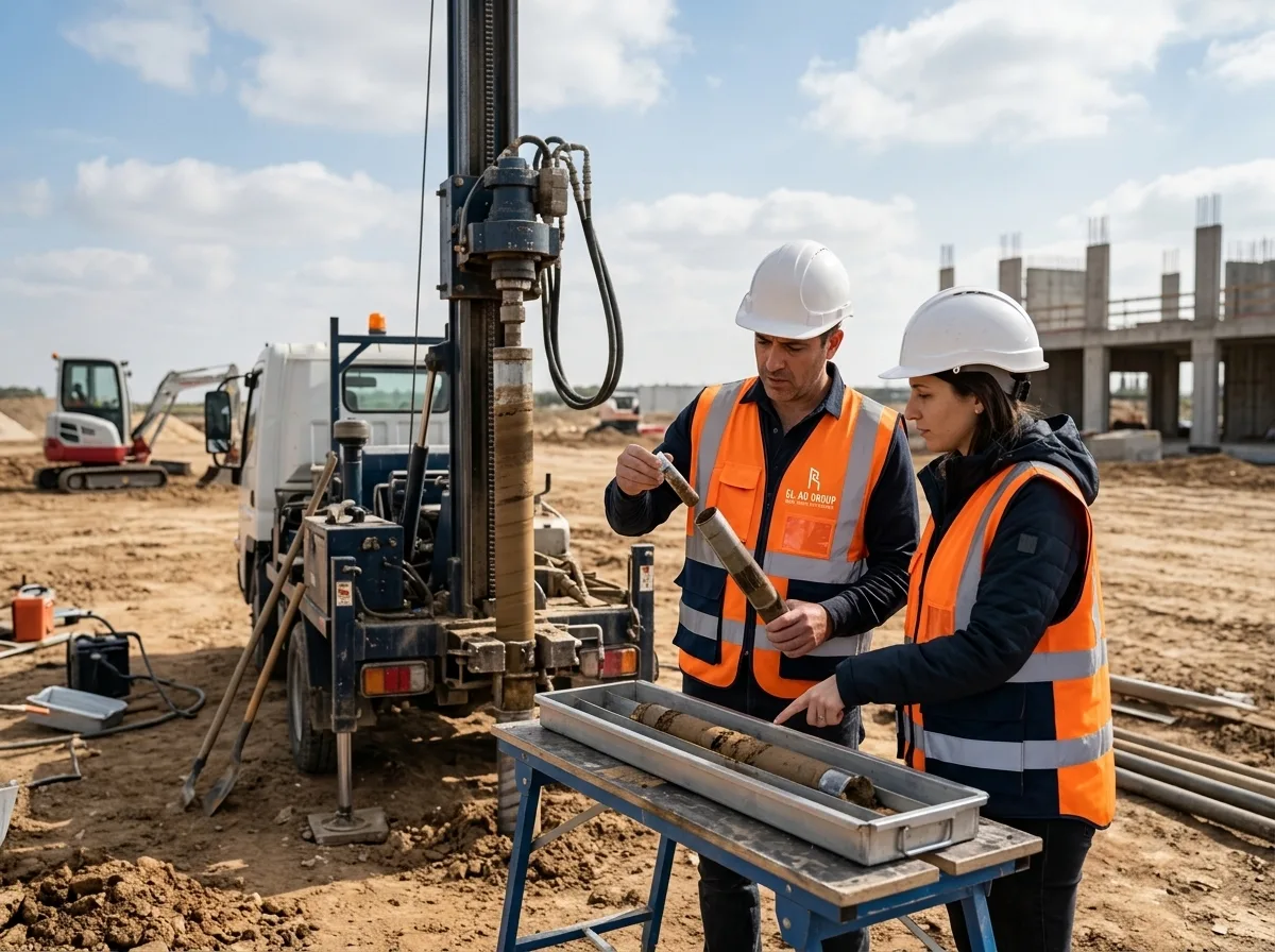 צילום ריאליסטי של יועץ קרקע ומהנדס בניין בשטח פתוח, לובשים קסדות לבנות ואפודי מגן זוהרים, בוחנים דגימות אדמה מתוך צינור חילוץ ליד מכונת קידוח קטנה, תאורת יום שמשית טבעית, פוקוס חד.