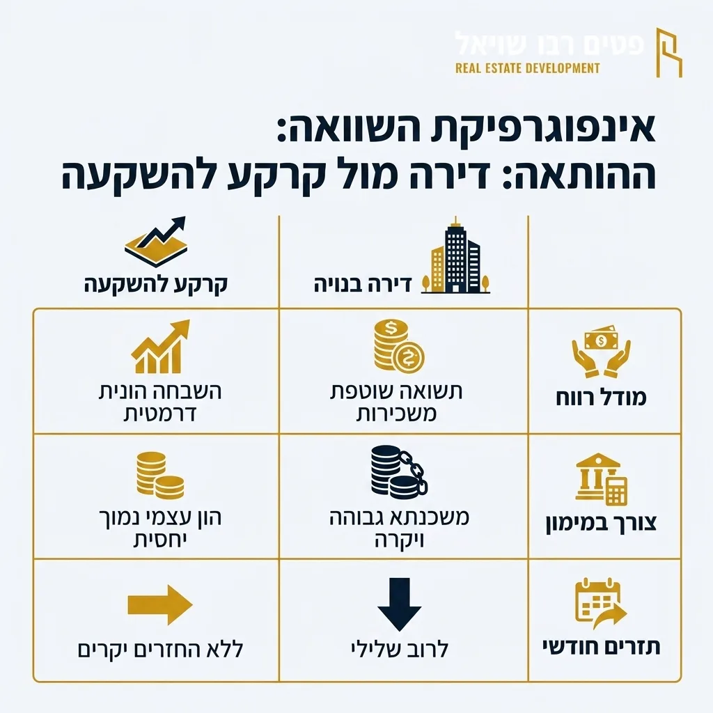 אינפוגרפיקה — דירה מול קרקע להשקעה: השוואה בין דירה בנויה, קרקע להשקעה