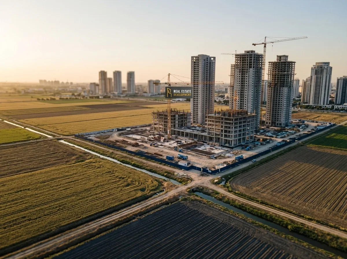 צילום נוף ריאליסטי מרחפן של שטח חקלאי פתוח הנושק לשכונת מגדלי מגורים מודרנית הנמצאת בשלבי בנייה, הממחיש את קו התפר בין העיר לשדה, אור שקיעה עדין.