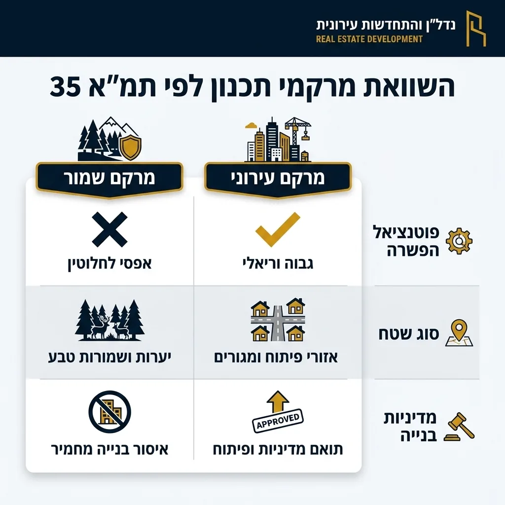 אינפוגרפיקה — השוואת מרקמי תכנון לפי תמ"א 35: השוואה בין מרקם עירוני, מרקם שמור