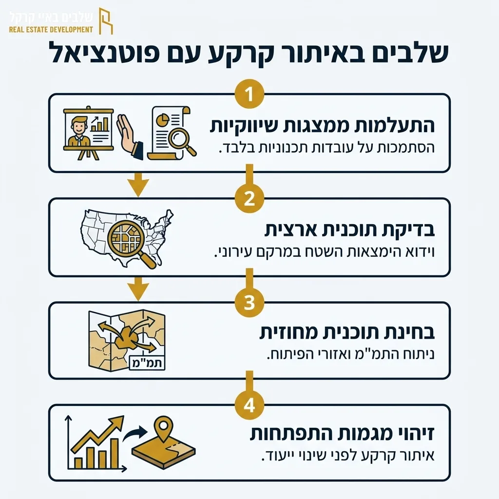 אינפוגרפיקה — שלבים באיתור קרקע עם פוטנציאל: התעלמות ממצגות שיווקיות, בדיקת תוכנית ארצית, בחינת תוכנית מחוזית, זיהוי מגמות הת