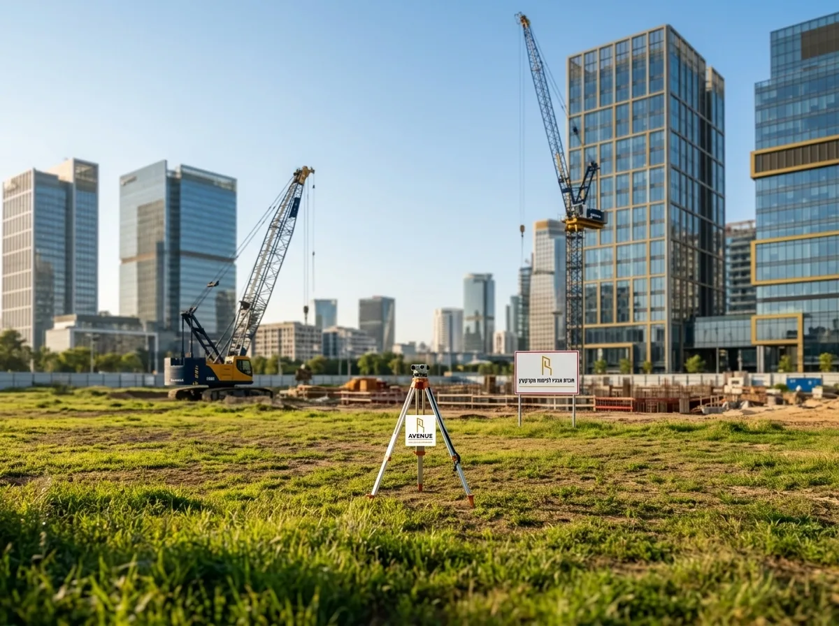 צילום ריאליסטי מואר של שטח פתוח ירוק בלב אזור עירוני, ברקע מנופים ובנייני משרדים מודרניים, תאורת בוקר טבעית הממחישה פוטנציאל פיתוח, עומק שדה רדוד המדגיש את הקרקע