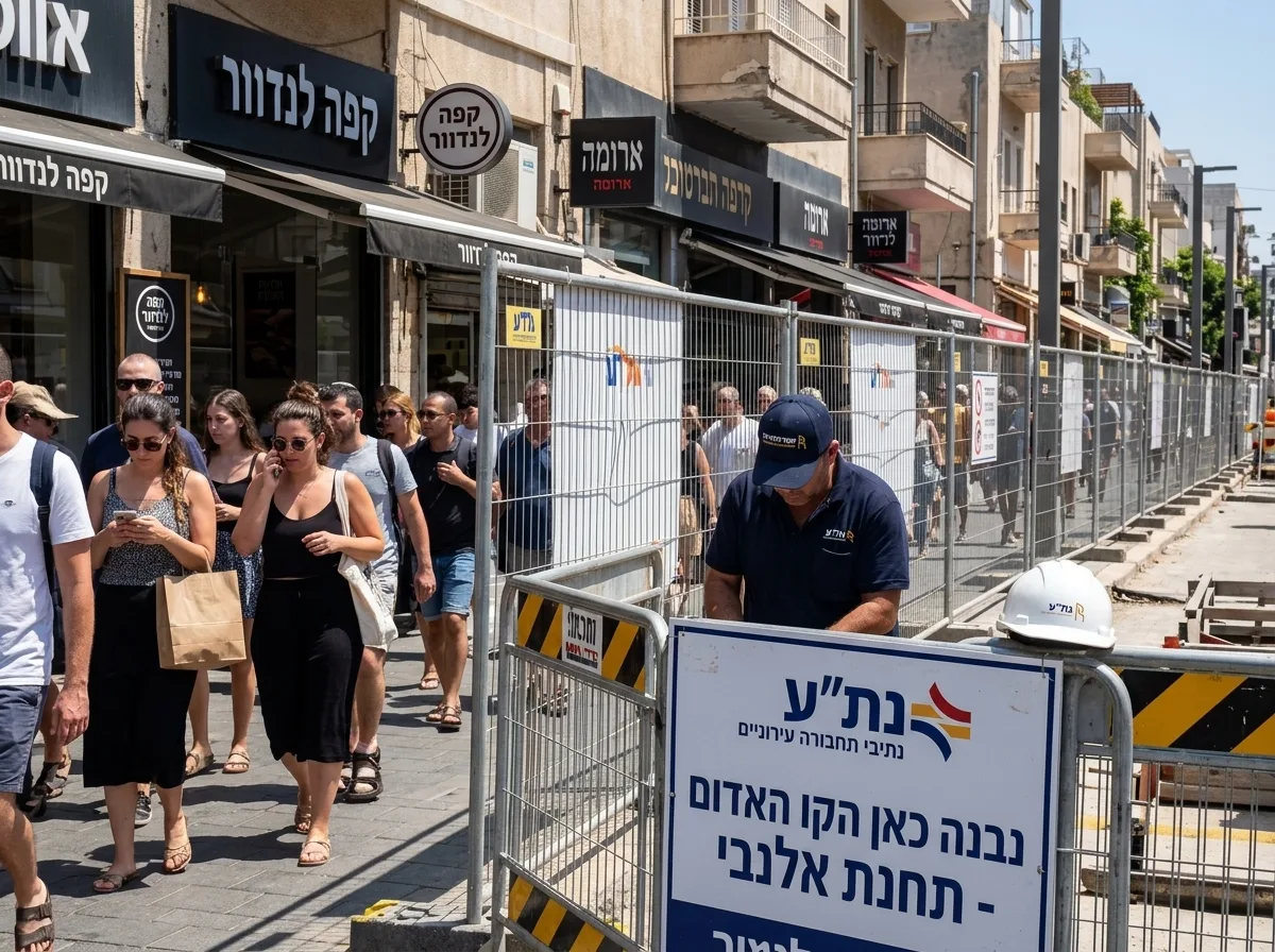 צילום ריאליסטי בגובה העיניים של רחוב מסחרי בתל אביב חסום חלקית בגדרות עבודה של הרכבת הקלה, שלטים של נת