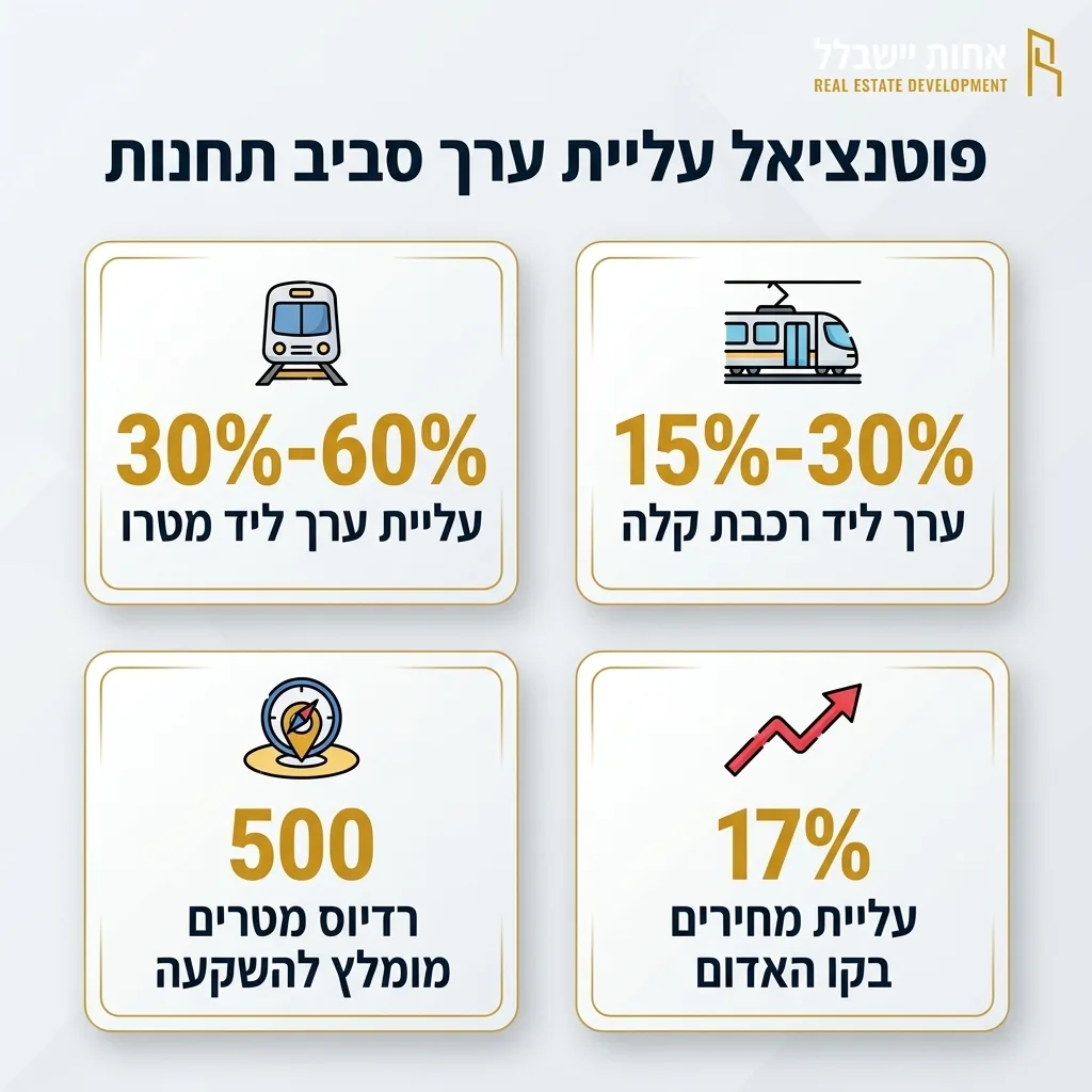 אינפוגרפיקה — פוטנציאל עליית ערך סביב תחנות: עליית ערך ליד מטרו, ערך ליד רכבת קלה, רדיוס מטרים מומלץ להשקעה, עליית מחירים בקו
