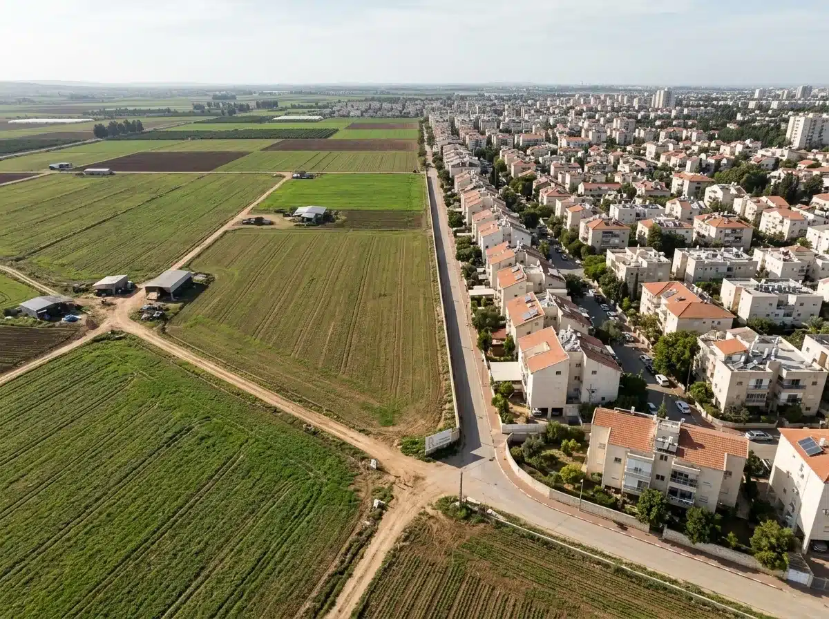 צילום רחפן מרשים המציג שטחים חקלאיים פתוחים הנושקים לשכונת מגורים עירונית צפופה, ממחיש את קו התפר בין עיר לכפר, תאורת יום בהירה