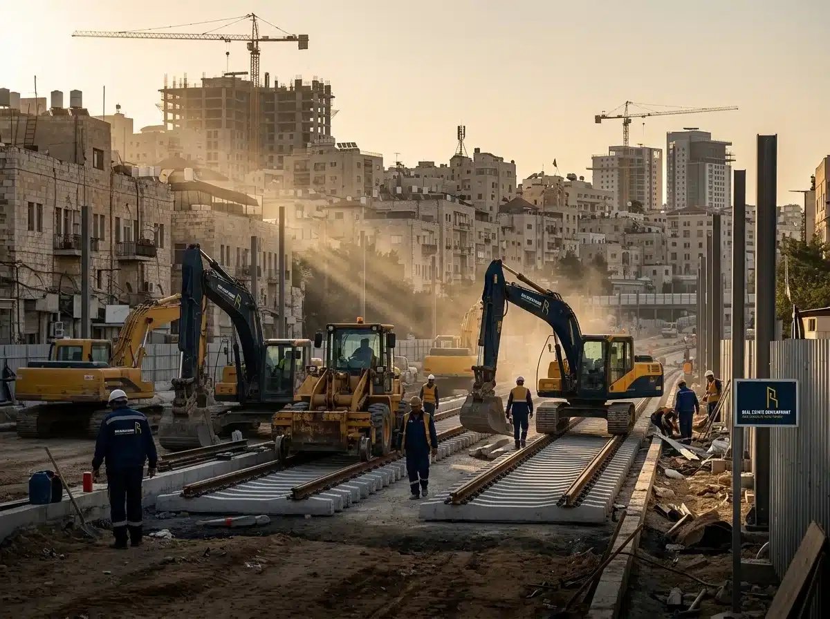 צילום ריאליסטי של אתר בניית תשתיות לרכבת קלה או מטרו במרכז עיר, טרקטורים עובדים ברקע, קרניים של שמש בוקר, ממחיש פיתוח אזורי
