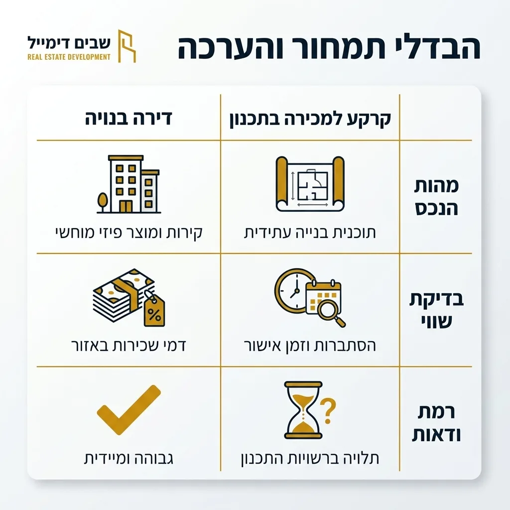אינפוגרפיקה — הבדלי תמחור והערכה: השוואה בין דירה בנויה, קרקע למכירה בתכנון
