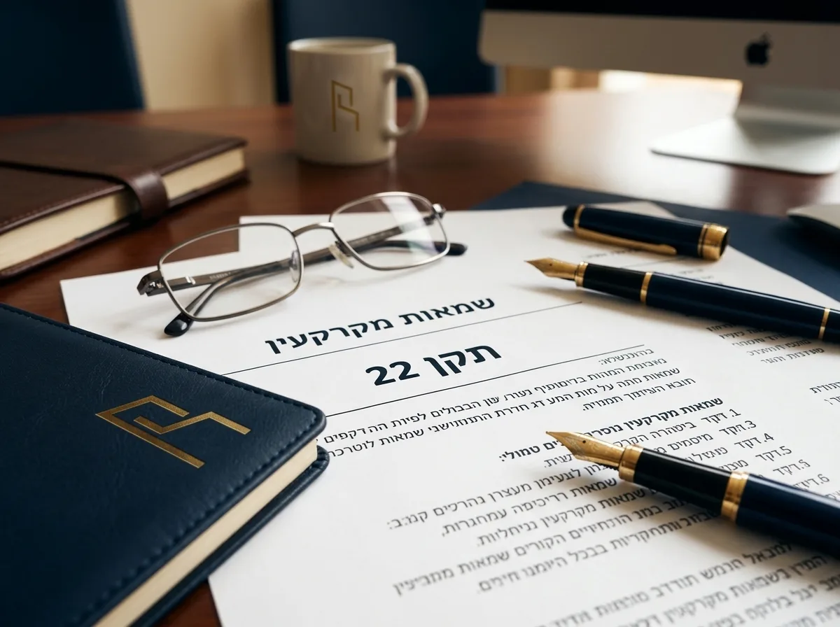 צילום תקריב פוטו-ריאליסטי של מסמכי שמאות מקרקעין פרוסים על שולחן עץ, משקפיים ועט יוקרתי, פוקוס על המילים 'תקן 22', תאורה חמה וטבעית במשרד