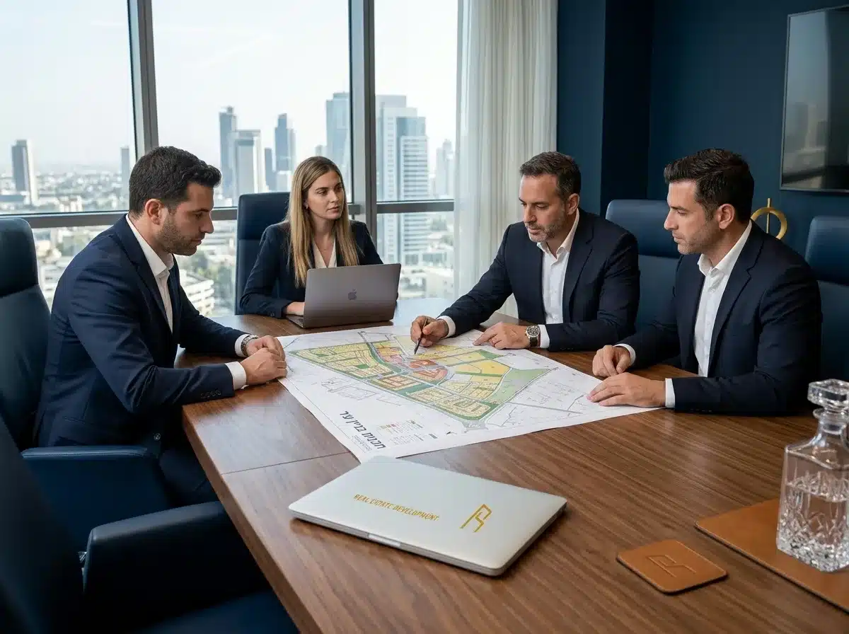 צילום ריאליסטי של פגישת משקיעים במשרד מהודר, אנשים יושבים סביב שולחן עץ, בוחנים שרטוט אדריכלי צבעוני של תוכנית בניין עיר, אווירה עסקית ומקצועית