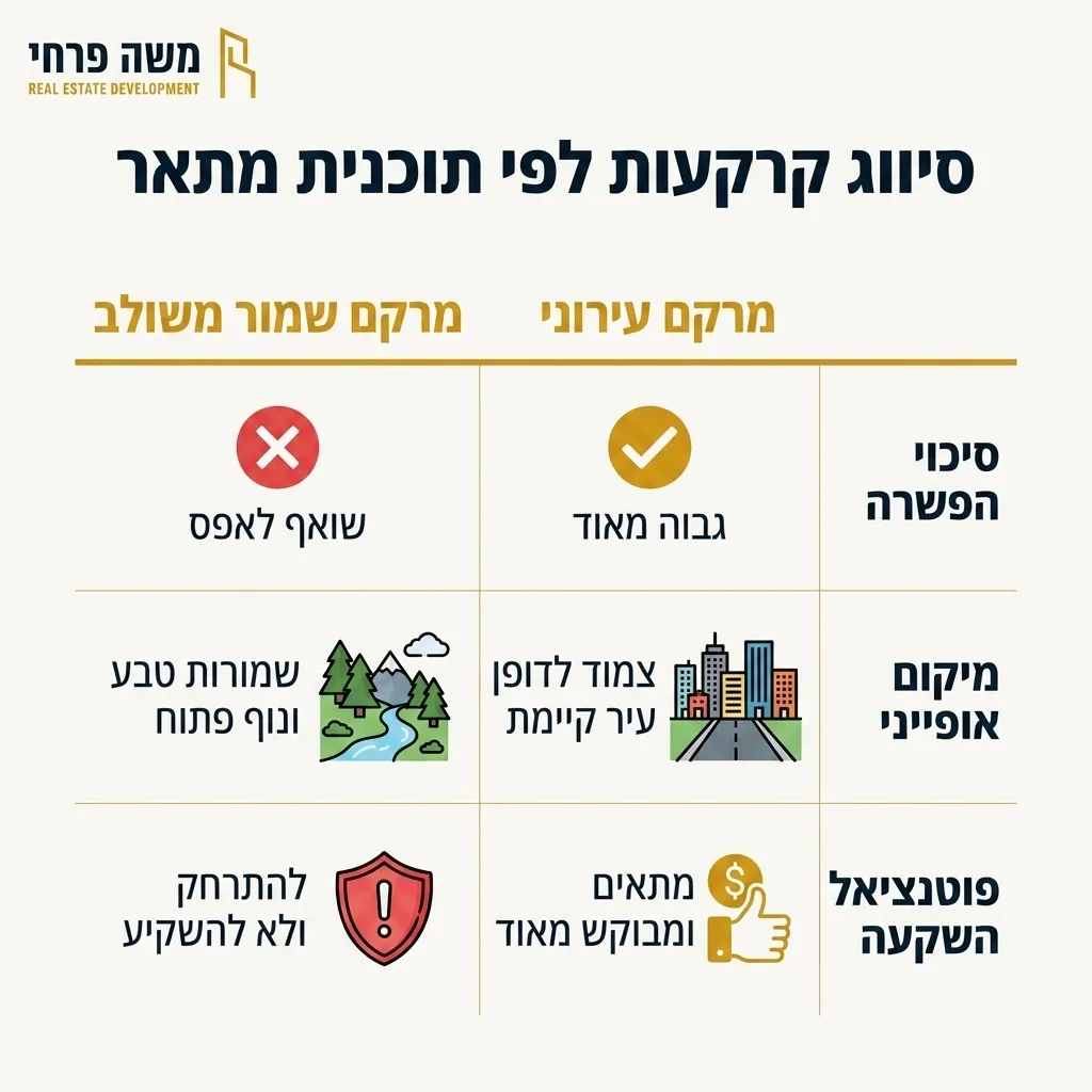 אינפוגרפיקה — סיווג קרקעות לפי תוכנית מתאר: השוואה בין מרקם עירוני, מרקם שמור משולב