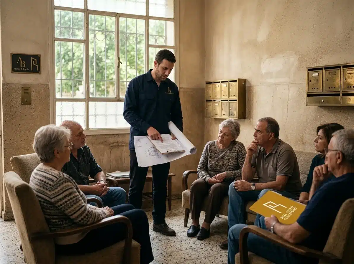 צילום ריאליסטי של פגישת דיירים בלובי של בניין ישן, תאורה טבעית מחלון גדול, תושבים ישראלים רגילים מקשיבים לאיש מקצוע במרכז שמסביר עם מסמכים, אווירה עניינית ורצינית