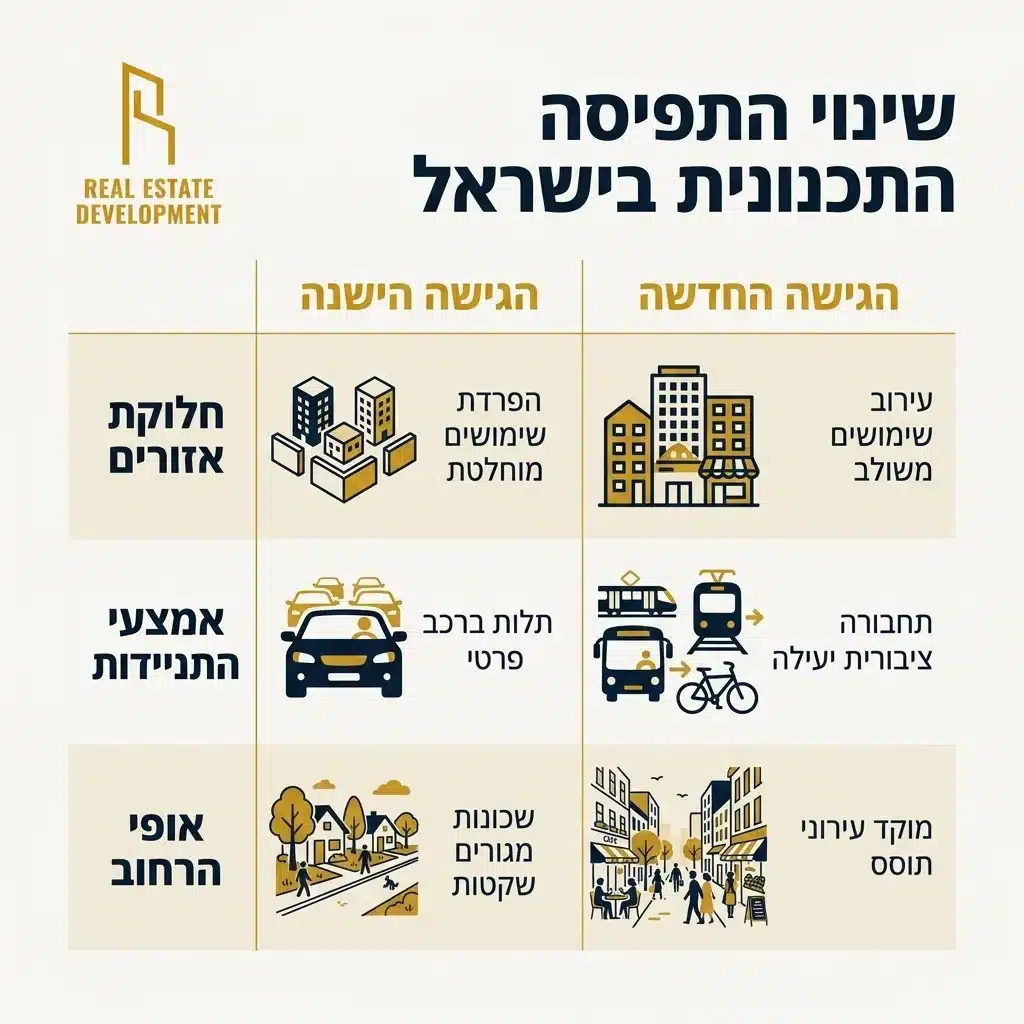 אינפוגרפיקה — שינוי התפיסה התכנונית בישראל: השוואה בין הגישה הישנה, הגישה החדשה