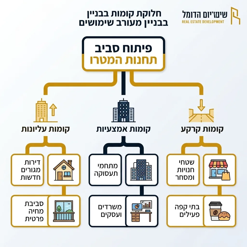 אינפוגרפיקה — חלוקת קומות בבניין מעורב שימושים: פיתוח סביב תחנות המטרו