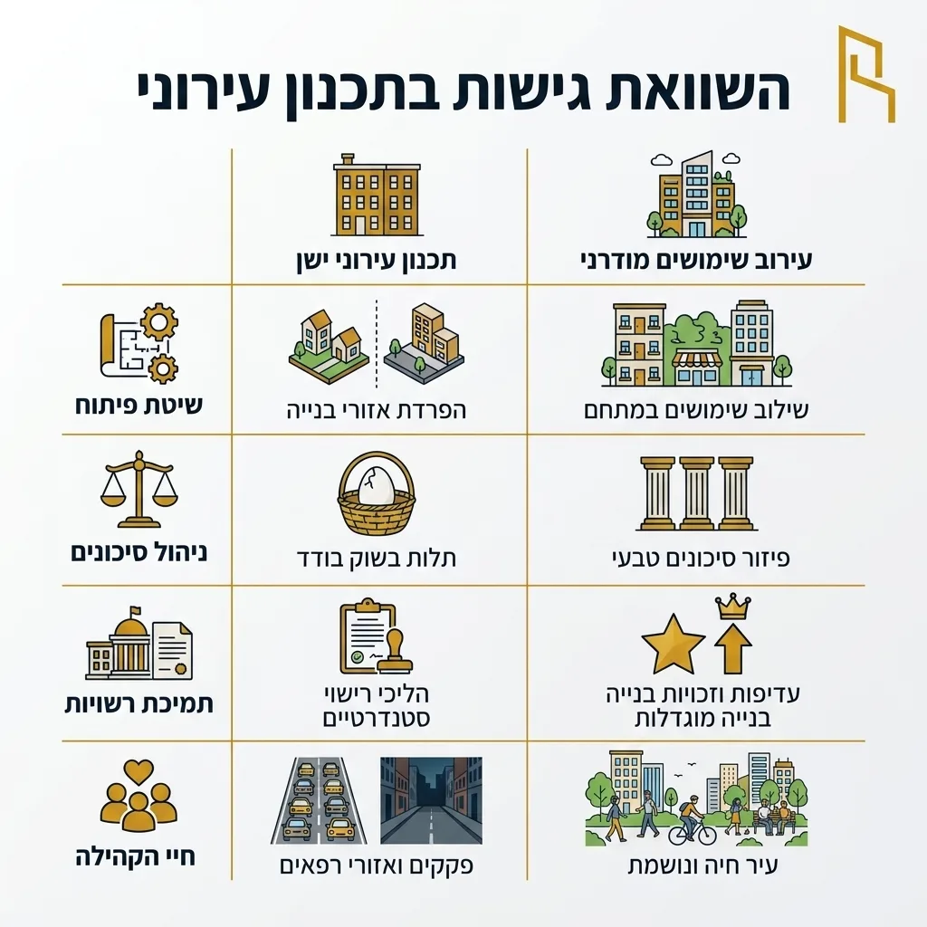 אינפוגרפיקה — השוואת גישות בתכנון עירוני: השוואה בין תכנון עירוני ישן, עירוב שימושים מודרני