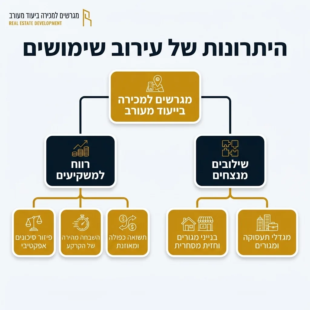 אינפוגרפיקה — היתרונות של עירוב שימושים: מגרשים למכירה בייעוד מעורב