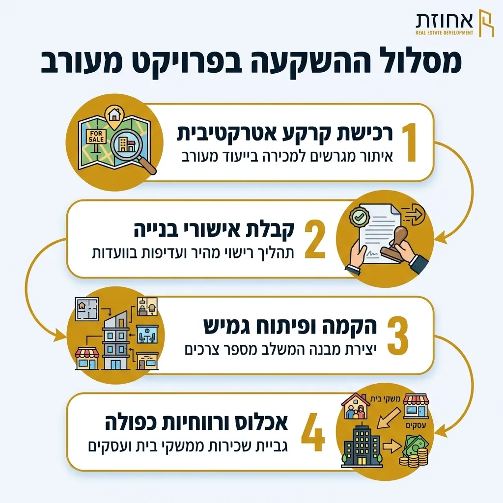 אינפוגרפיקה — מסלול ההשקעה בפרויקט מעורב: רכישת קרקע אטרקטיבית, קבלת אישורי בנייה, הקמה ופיתוח גמיש, אכלוס ורווחיות כפולה