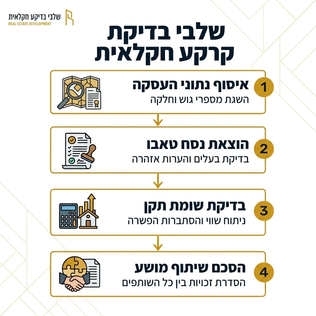 אינפוגרפיקה — שלבי בדיקת קרקע חקלאית: איסוף נתוני העסקה, הוצאת נסח טאבו, בדיקת שומת תקן, הסכם שיתוף מושע