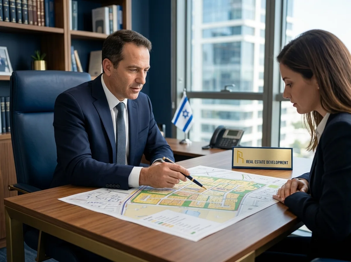 צילום פוטו-ריאליסטי של עורך דין מקצועי למקרקעין יושב במשרד מואר, מצביע בעט על תרשים מפות צבעוני פרוס על השולחן מול לקוח קשוב