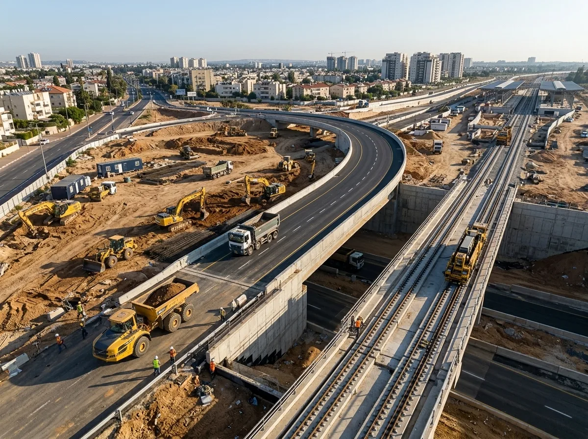 צילום אוויר פוטו-ריאליסטי של בניית מחלף חדש ותשתיות רכבת בראשון לציון, טרקטורים עובדים על קרקע חשופה ליד כביש סלול, תאורת בוקר בהירה