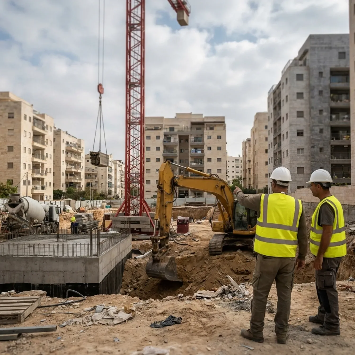 צילום מציאותי של אתר בנייה פעיל באזור מגורים בישראל באור יום, טרקטור ומנוף עובדים על חפירה ויציקת יסודות בטון לבניין חדש, שני מנהלי עבודה עם קסדות בטיחות לבנות ואפודים זוהרים עומדים בצד ומסתכלים על העבודה, ללא לוגו או כיתוב על הציוד והבגדים