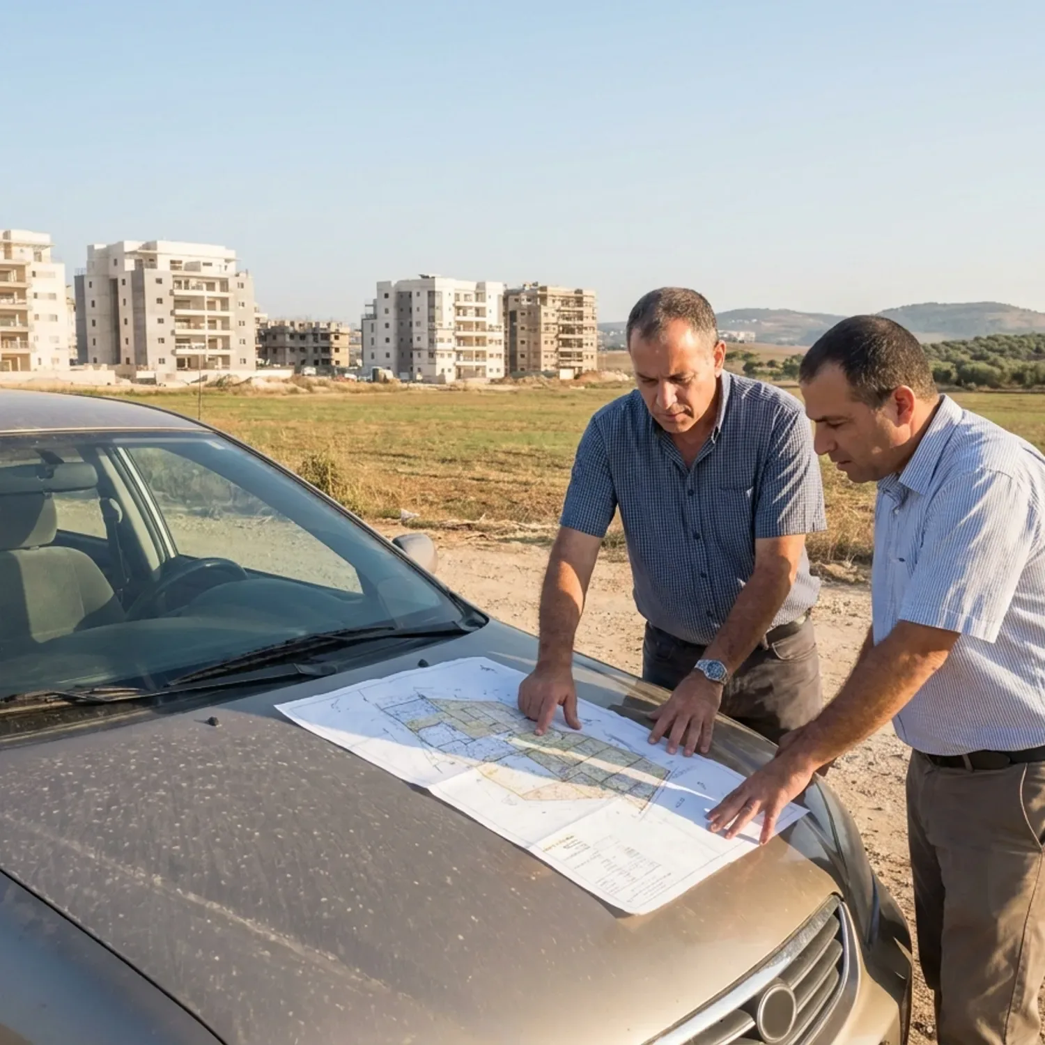 צילום מציאותי באור יום טבעי של שמאי מקרקעין ולקוח ישראלים בלבוש יומיומי עומדים מול שטח קרקע פתוח בשולי עיר בישראל, מביטים יחד בתוכנית מדידה מודפסת הפרוסה על מכסה מנוע של רכב פרטי, ברקע נראים בנייני מגורים חדשים בשלבי הקמה, ללא טקסט או לוגו
