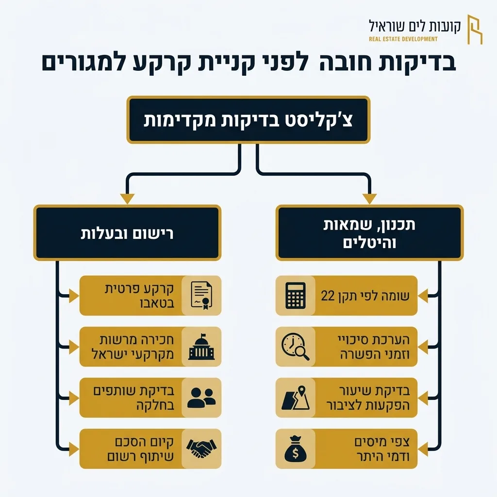 אינפוגרפיקה — בדיקות חובה לפני קניית קרקע למגורים: צ'קליסט בדיקות מקדימות