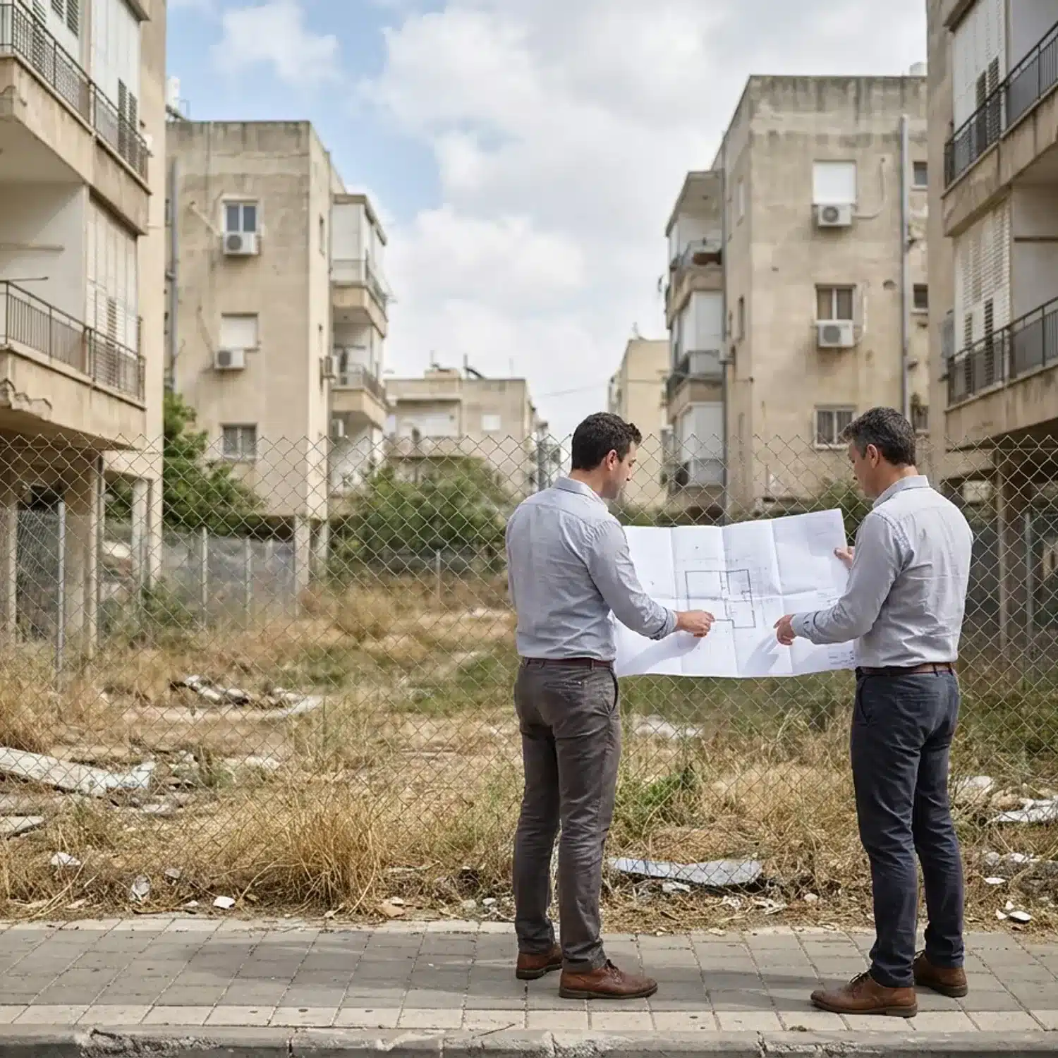 צילום מציאותי של מגרש עירוני פנוי ומגודר בין שני בנייני מגורים ישנים בעיר במרכז ישראל, אור יום טבעי, שני משקיעים ישראלים בלבוש יומיומי עומדים על המדרכה ומסתכלים על השטח עם תוכנית בנייה מודפסת ביד