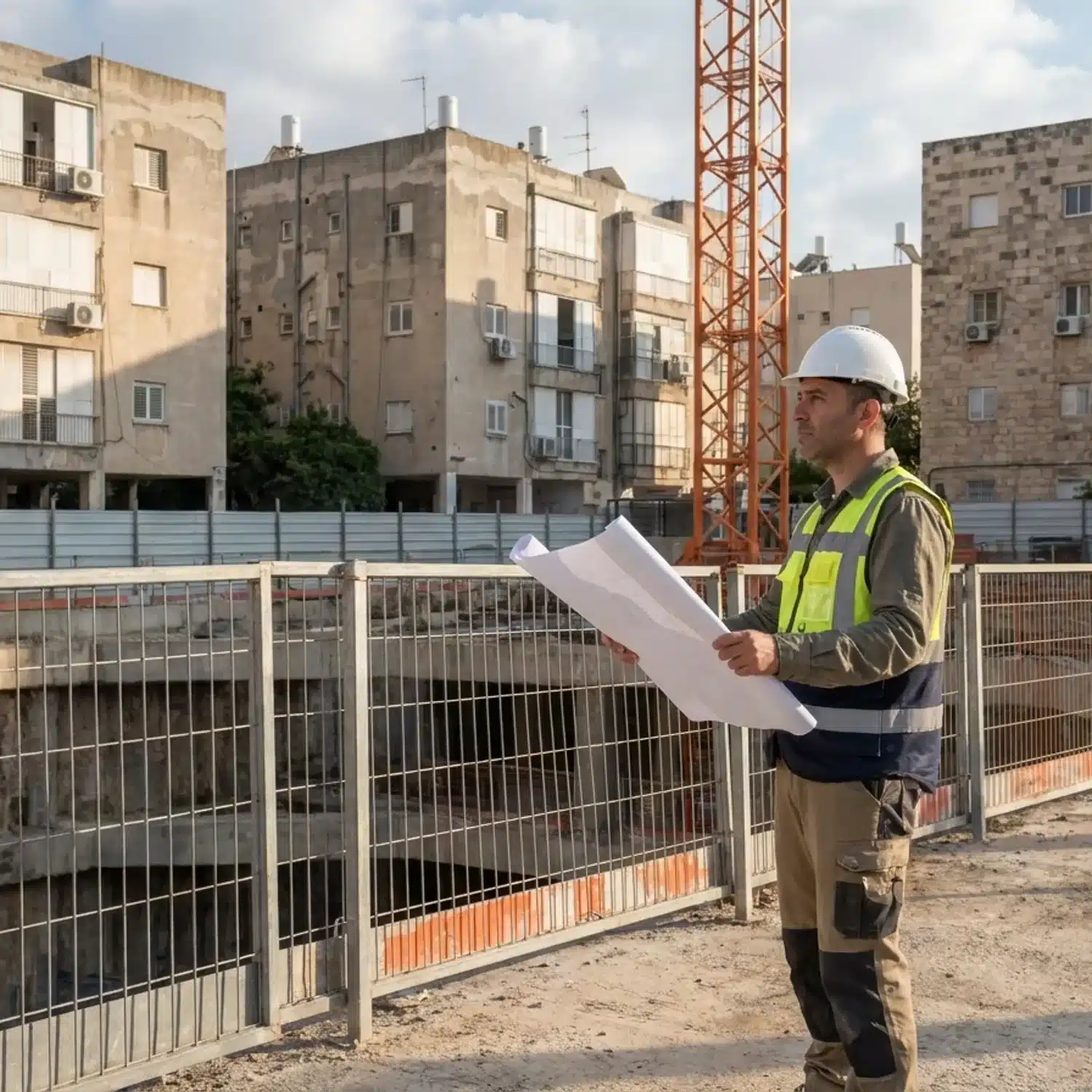 צילום ריאליסטי באור יום טבעי של אתר עבודות תשתית עירוני בגוש דן, גדרות בטיחות ומנוף ברקע של בנייני מגורים ישראליים טיפוסיים, מהנדס אזרחי עם קסדה לבנה מחזיק תוכנית עבודה ומביט לעבר שטח החפירה