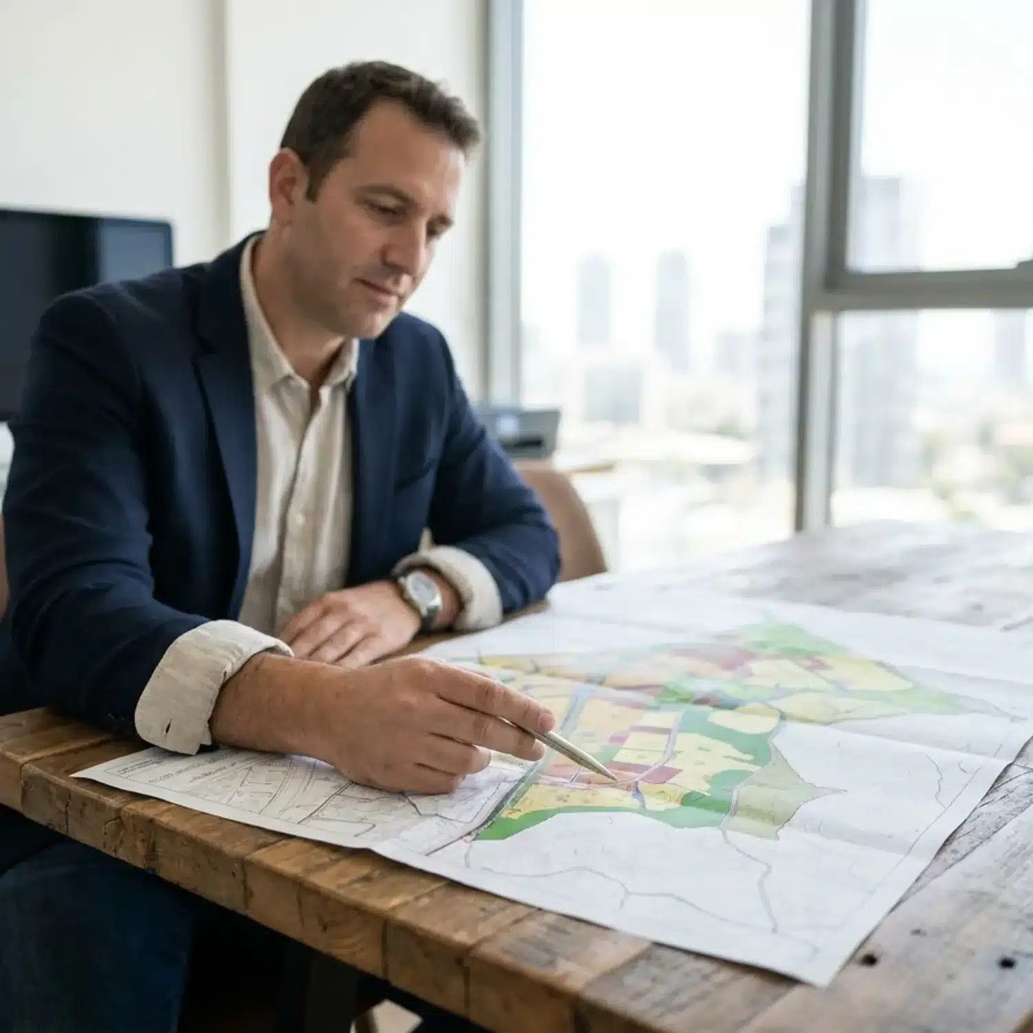 צילום מקצועי פוטו-ריאליסטי בתאורה טבעית של מלווה משקיעים ישראלי בלבוש יומיומי מוקפד יושב במשרד מואר בתל אביב, מצביע עם עט על פוליגון צבעוני בתוך מסמך תכנוני אמיתי ומפורט של תשריט קרקעות הפרוס על שולחן עץ, פוקוס חד על המפה והידיים
